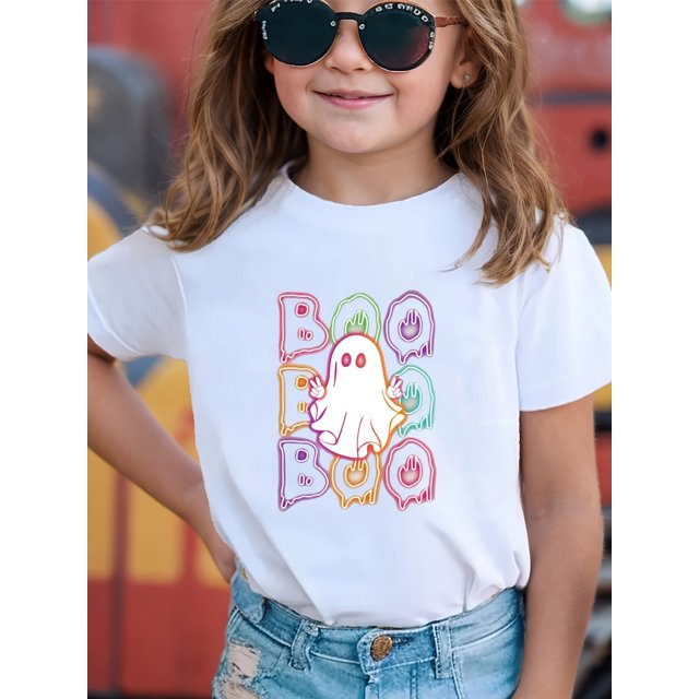 Girls' Halloween-Themed Short Sleeve T-Shirt - "Boo" Ghostly Print with Colorful Lettering, Soft Microfiber Casual Top for Youngsters, Perfect for Halloween Celebrations, Halloween Decorati