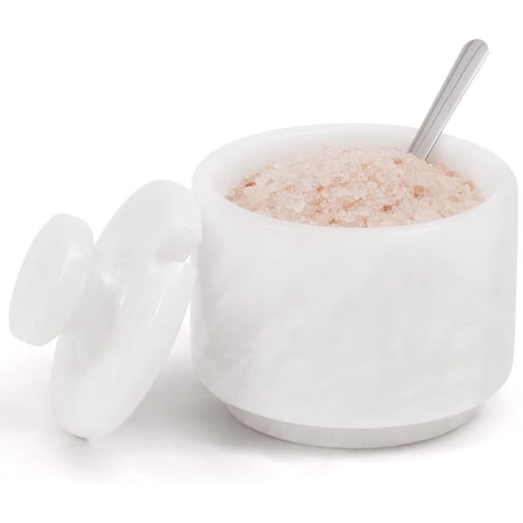 Radicaln Marble Salt Cellar with Lid and Spoon 3 inch White Handmade Salt Jar & Table Salt Storage For Kitchen Countertop, Ideal Salt Container, Salts Dish & Sugar Bowl For Table