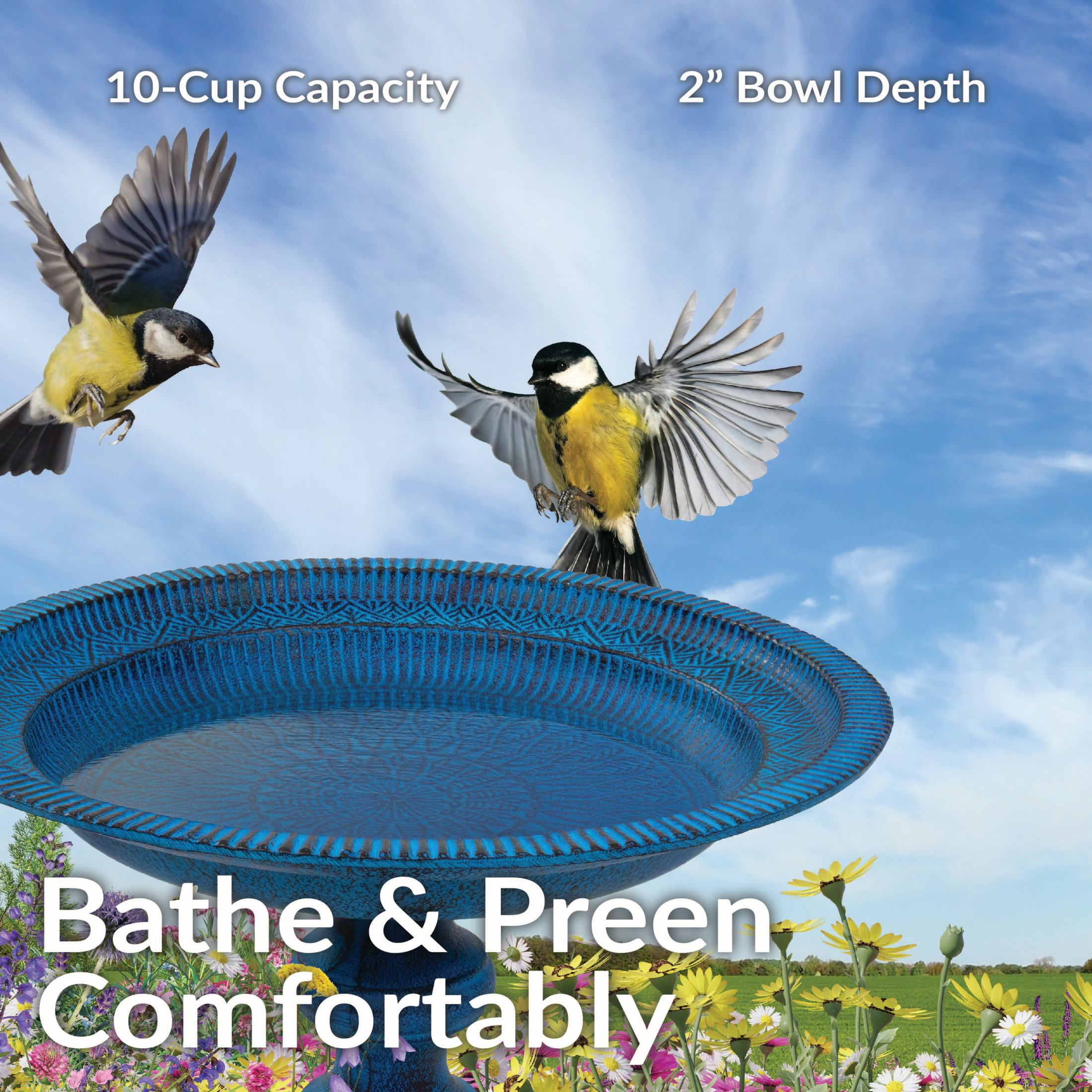 Sunnydaze Backyard Beauty Freestanding Cast Aluminum Outdoor Bird Bath, Blue Patina
