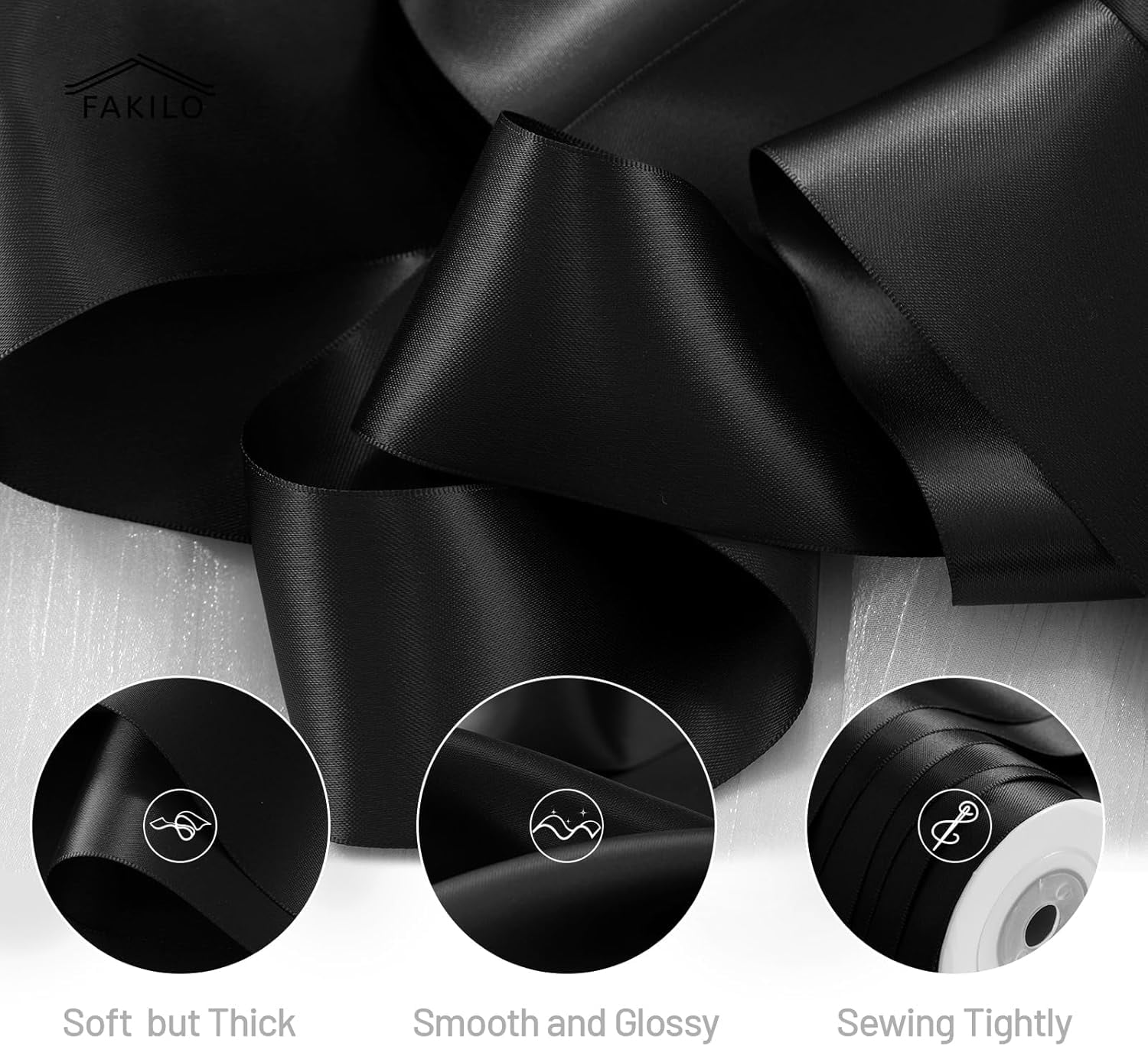 Black Satin Ribbon 2 Inch x 25 Yards Double Faced Thick Black Gift Ribbon for Gift Wrapping Bows Making Crafts Halloween Birthday Party Home Decor