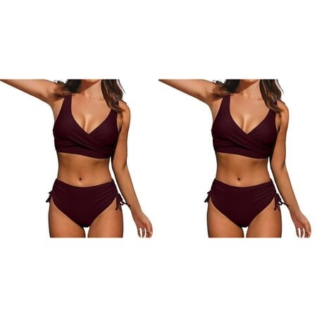 2 Pack Women High Waisted Bikini Front Tie Skirt Set Push Up Two Galaxy Tops Bra Piece Swimsuits Vintage Swimsuit Two Piece Retro Ruched High Waist Print Bikin
