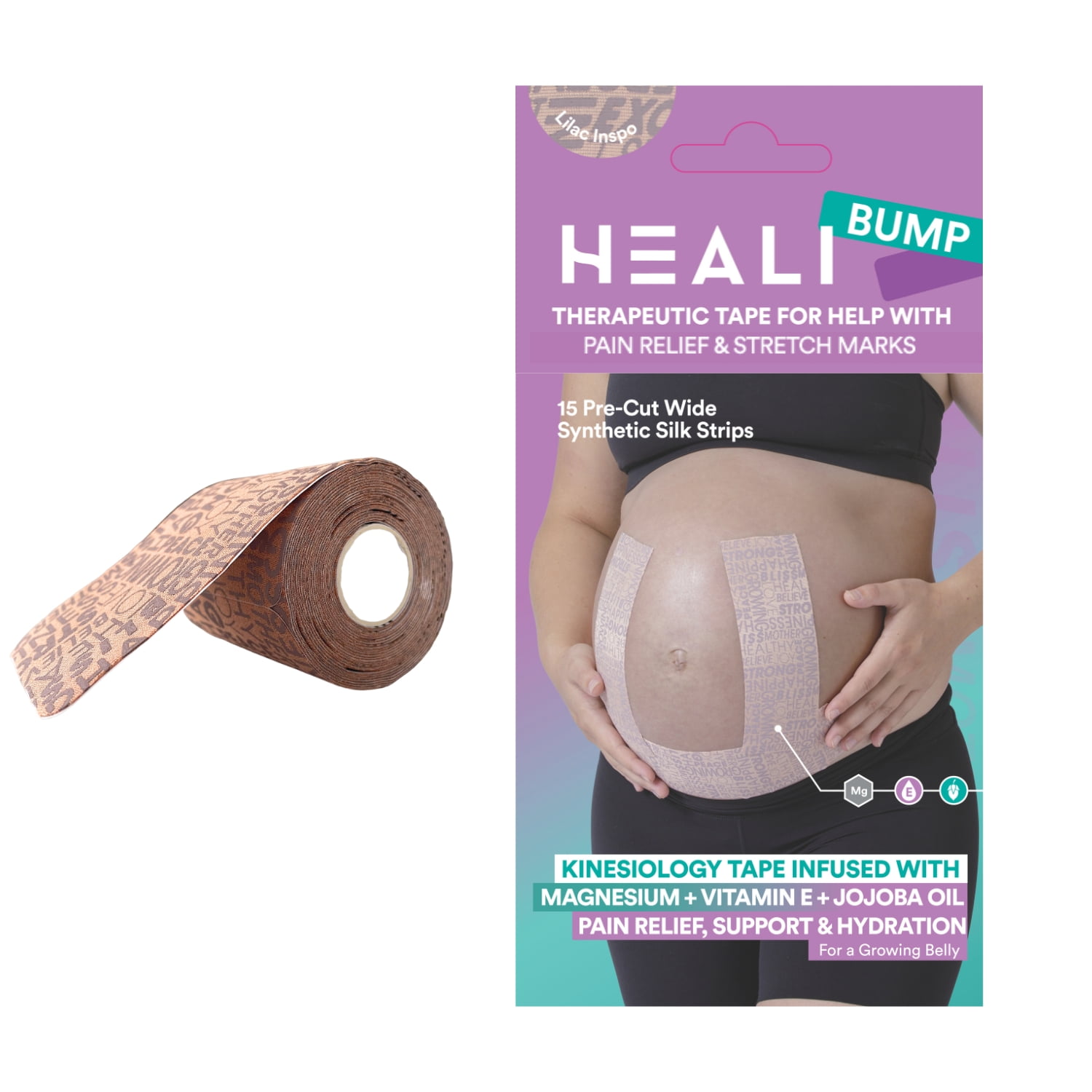 (2 pack) Heali Bump Belly Kinesiology Tape for Pregnancy and Maternity With Magnesium, Jojoba Oil, Vitamin E, 15 Precut 2x10 Inch Strips