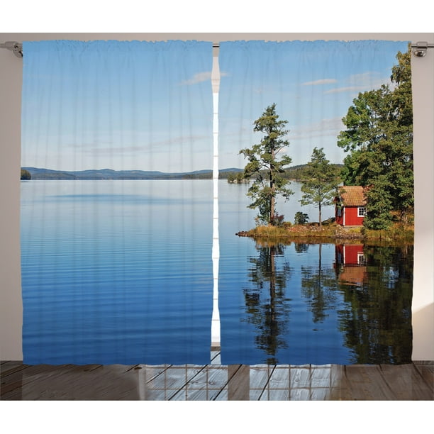 Lake House Decor Curtains 2 Panels Set, Lakeside Photo With Calm Still