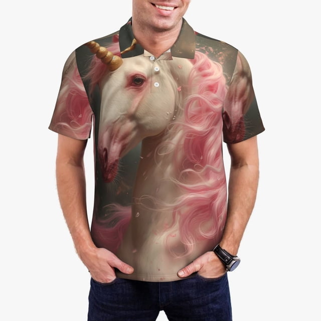 Fotbe Haired White Horse Camiseta Polo de Golf para Hombre con Estampado – Camisa Deportiva Transpirable con Cuello Abotonado-Medium
