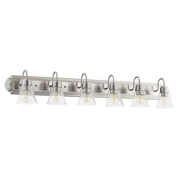 6-Light Bathroom Light with Bell-Shaped Glass Shades with Satin Nickel Back Plate 48 inches W  8 inches H-Satin Nickel Finish-Clear Glass Color Bailey