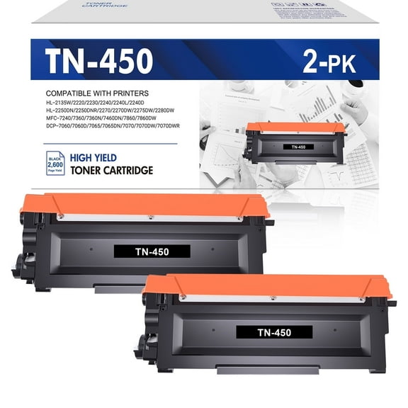 TN450 Toner Cartridges 2-Pack High Yield Replacement for Brother TN450 TN-450 TN420 TN-420 HL-2270DW HL-2280DW DCP-7065DN MFC-7360N MFC-7860DW HL-2240D DCP-7060D MFC7460DN MFC7240 Printer (Black)