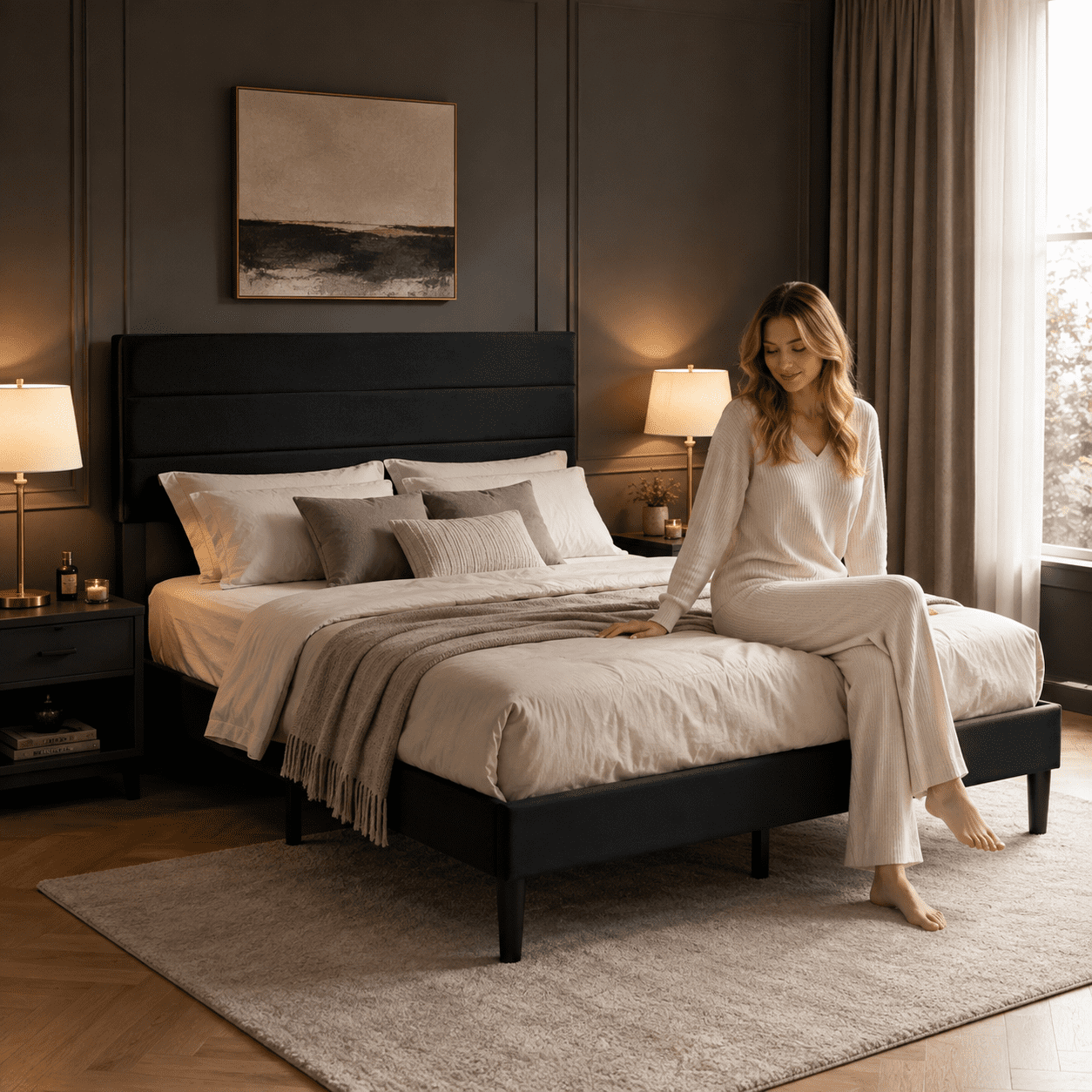 BSHTI Queen Size Linen Upholstered Platform Bed Frame with Soft Headboard, Wood Slats, No Box Spring Needed for Bedroom（Black）