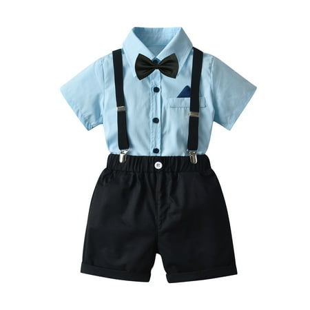 

YWDJ 1-9 Years Boys Outfit Set Gentlemen Clothing Summer Short Sleeve Top Bib Shorts Tie Four-piece Set Blue 8-9 Years