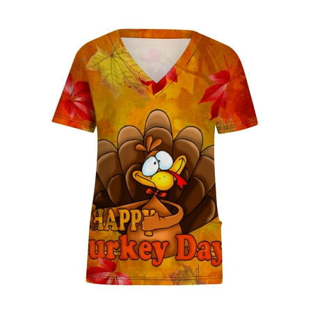 

Ozmmyan Women s Scrubs Tops Short Sleeve V-Neck Thanksgiving Turkey Workwear Tops With Pockets Blouse