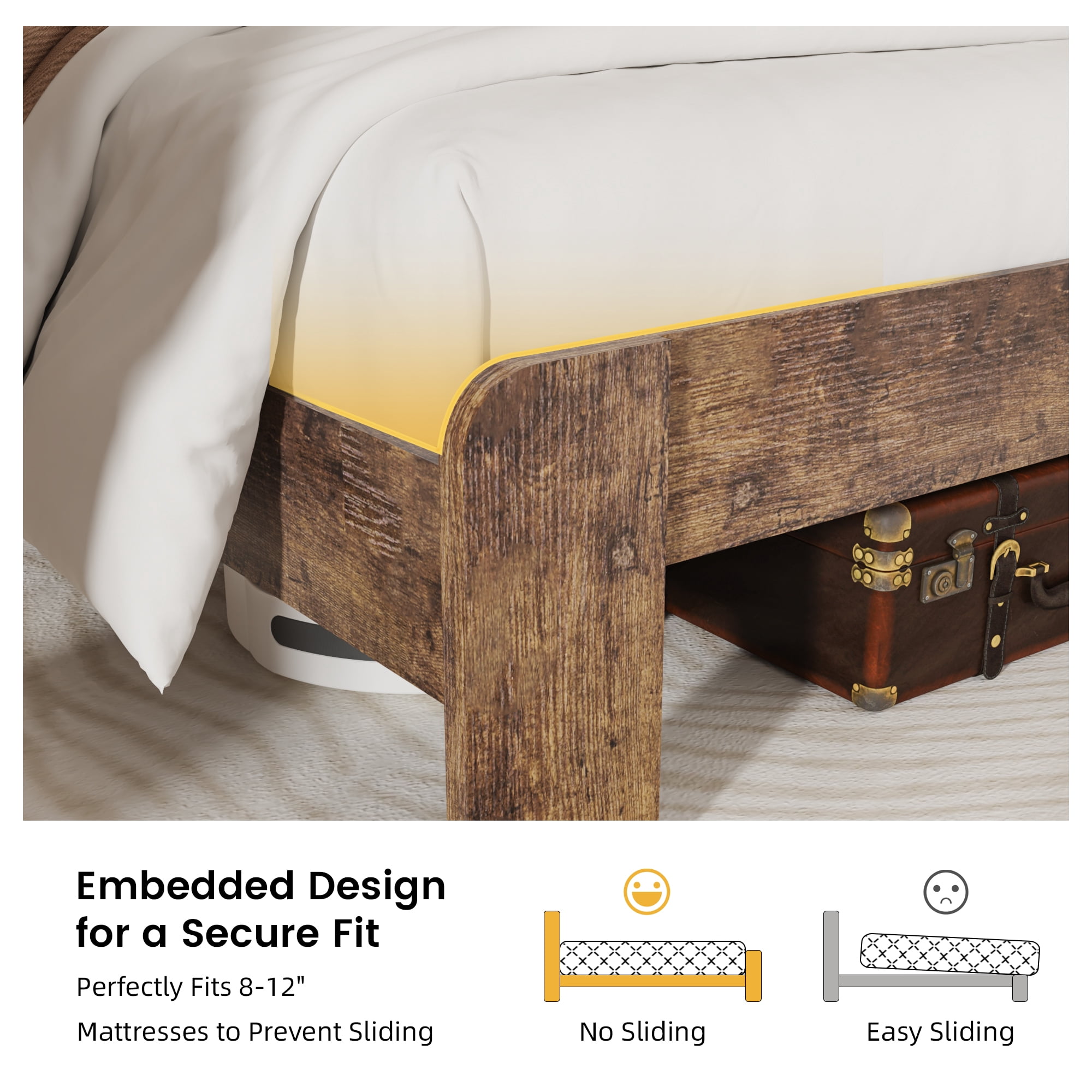 Wooden King Bed Frame with Storage Headboard, Modern Rustic Farmhouse Platform Bed with Charging Station, LED Light, No Box Spring Needed, Noise Free, Easy Assembly, Vintage Brown