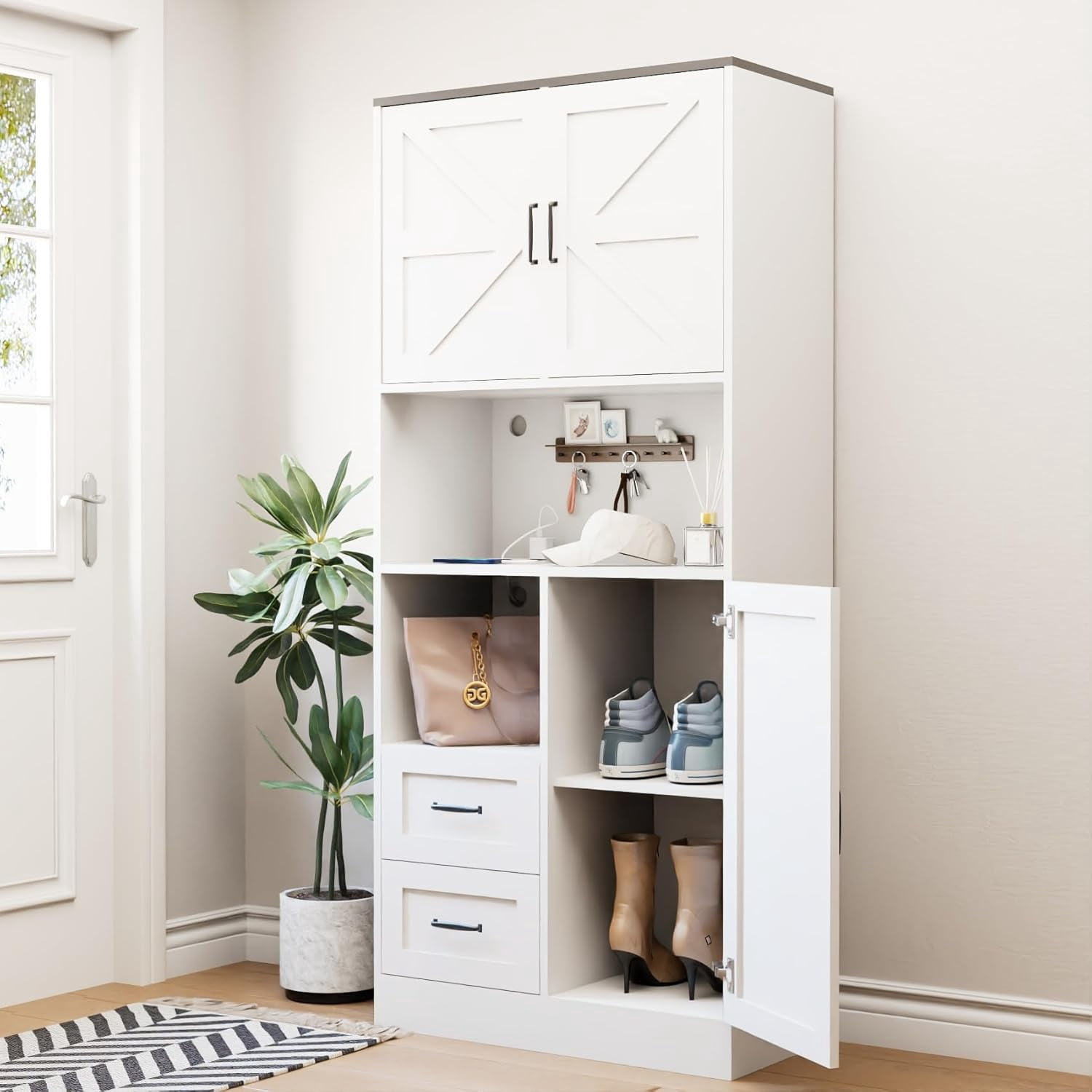 HAUXITIO Kitchen Pantry Storage Cabinet with LED Lights and Power Strip, 68" Food Hutch with Countertop, White
