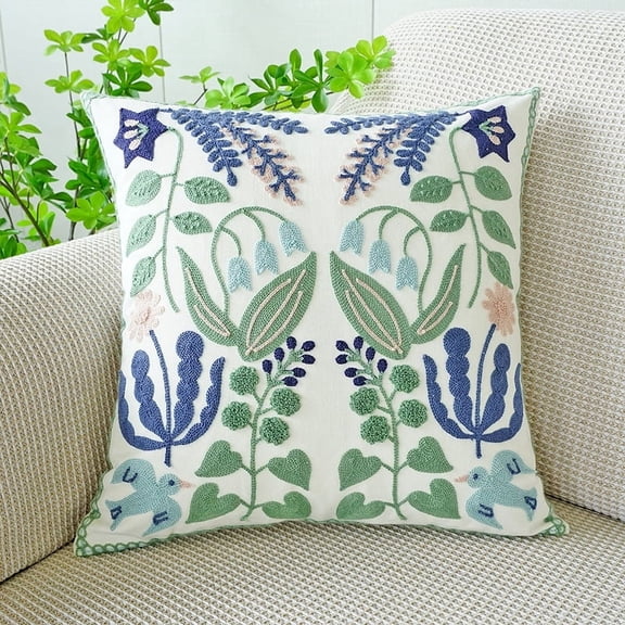 Embroidered Decorative Throw Pillow Cover 18x18 Inch Farmhouse Floral Pillowcase for Living Room Sofa Bed