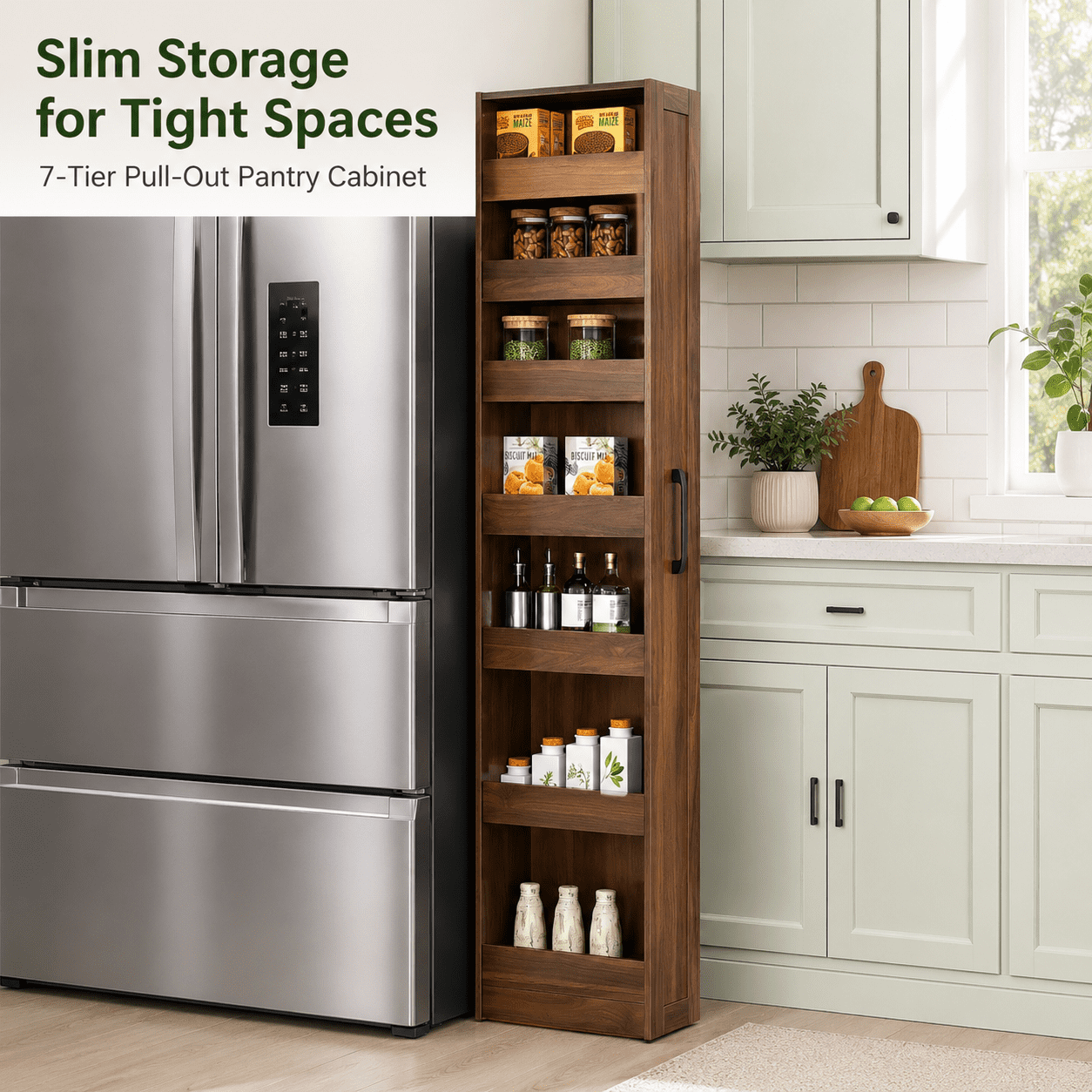 Aukfa 7-Tier Slim Rolling Pantry Cabinet, 68.3" Narrow Pull-Out Kitchen Storage Cart with Handle and Casters,Walnut