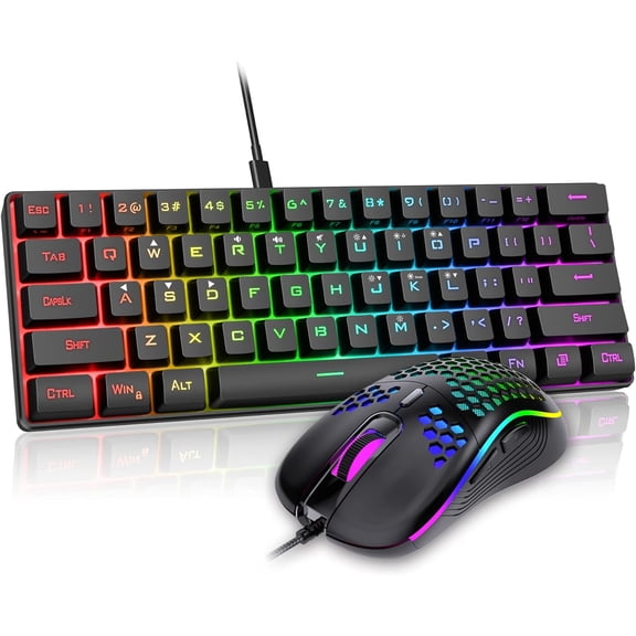60% Gaming Keyboard and Mouse Combo, Ultra-Compact 61 Keys RGB Backlit Mini Keyboard, Lightweight 7200 DPI Honeycomb Optical, Wired Set for PC MAC PS5 Xbox Gamer(Black)