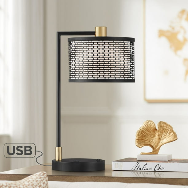 Possini Euro Design Modern Industrial Desk Lamp 21 High With Dual Usb Port Black Gold Linen Metal Layer Shade Living Room Bedroom Com Euro Design Modern Industrial Desk Lamp, Modern Industrial Desk Lamp