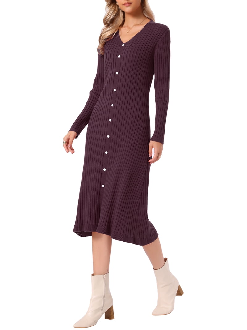 dark purple winter dress INSPIRE CHIC Ribbed Knit Sweater for Women's V Neck Long Sleeve Casual Fall Pleated Hem A-Line Midi Dress XL Any ideas for 90s subcat_Knit-Dresses SIZES:6 Dark Purple Winter Elegant