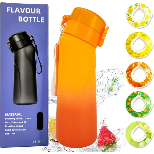Air Water Bottle With 5 Flavor Pods, 750ml Sports Air Water Bottle With Straw, Leak Proof Drinking Bottles Fruit Fragrance Water Cup for Outdoor Gym (Gradient Orange)