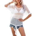 thumbnail image 3 of Biekopu Women Bikini Cover-Ups Solid Color Hollow-Out Knitted Crew Neck Short Sleeve Beach Swimwear, 3 of 7