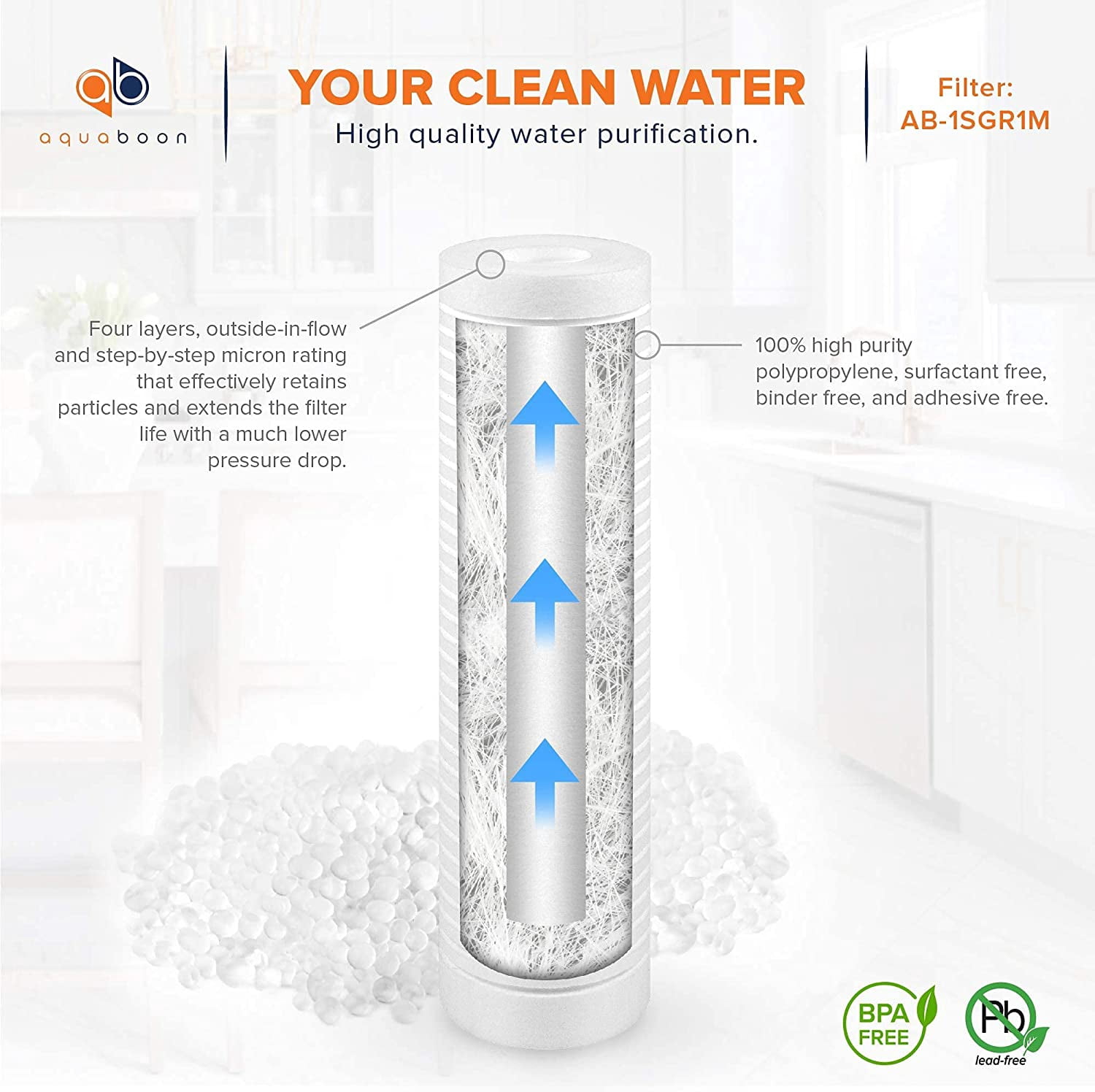 Aquaboon 1 Micron 10" x 2.5" Grooved Sediment Water Filter Replacement Cartridge for Any 10 inch RO Unit | Whole House Sediment Filtration | Compatible with P5, AP110, WFPFC5002, CFS110, RS14, 50-Pack