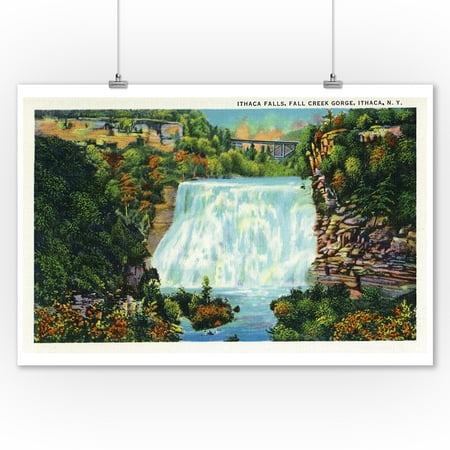 Ithaca, New York - Fall Creek Gorge View, Ithaca Falls Scene (9x12 Art Print, Wall Decor Travel