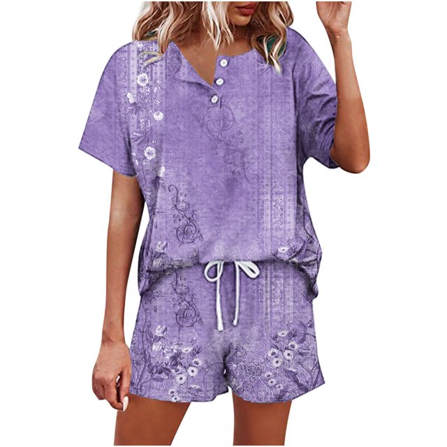 Puntoco moda mujer Casual estampado manga corta botones tops ropa de dormir pantalones cortos conjuntos de ropa de dormir liquidación Puntoco Puntoco-463