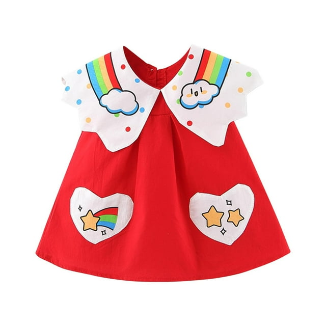 Zwiiyzr 2025 Robe d'Été pour Tout-Petite Fille Bébé Imprimé Arc-en-Ciel Col Claudine Sans Manches Robe à Couleurs Contrastées pour 6 Mois-3 Ans Vêtements pour Bébé Rouge