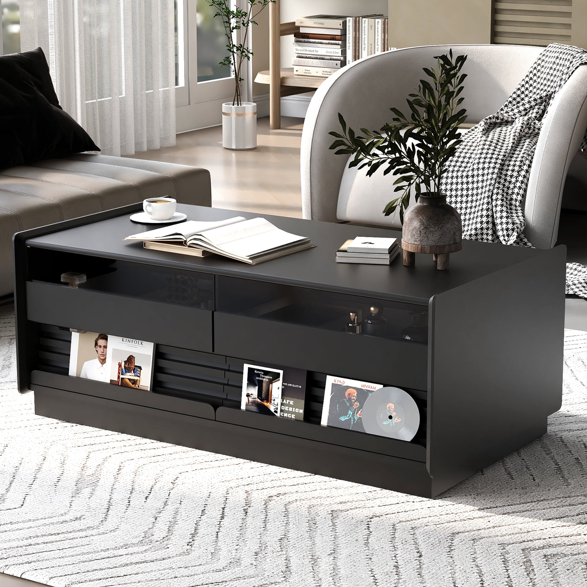 Euroco Vintage-Style Coffee Table with 4 Drawers and Open Shelves, Tempered Glass Drawer Fronts, MDF Wood Frame – Modern Living Room Storage Table, Easy Assembly