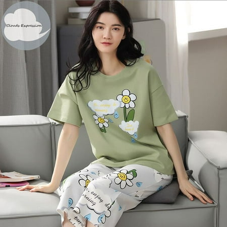 

QWZNDZGR Summer 100% Cotton Cartoon Pajamas Sets Women Pyjamas Sleepwear Nightwear Pijama Mujer Size M-2XL Calf-Length Pants Homewear