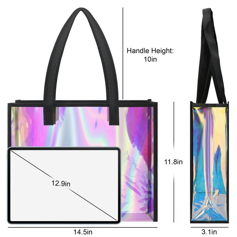 Tsv Holographic Clear Tote Bag Large Stadium Approved Clear Bag with PU Leather Handle Adult Unisex Size 14.5 x 11.8 x 3.1 Black