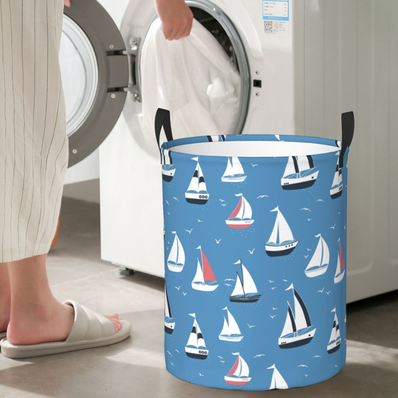 Large Laundry Basket with Handles - cartoon boats birds blue Kids Baby Dirty Clothes Laundry Hamper for Bedroom Aesthetic