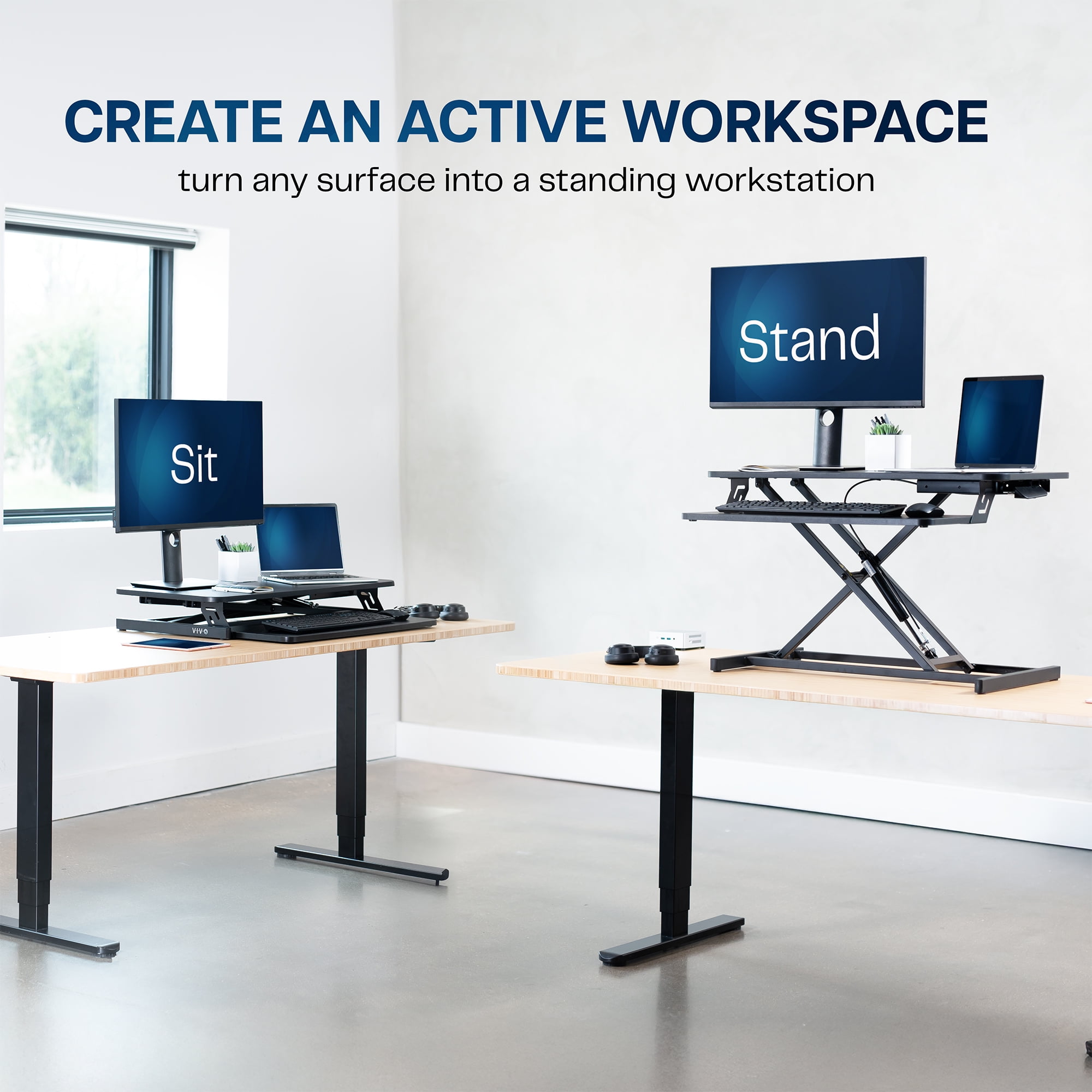 VIVO Black Height Adjustable 32" Standing Desk Monitor Riser, Sit Stand Tabletop