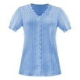 thumbnail image 4 of nochalofo Blue V-Neck Casual Blouses for Women Dressy Casual, Summer Lace Plain Lace Elegant Shirt Fashion Solid Color Elegant Blouse Short Sleeve Comfy Soft Tee, 4 of 4