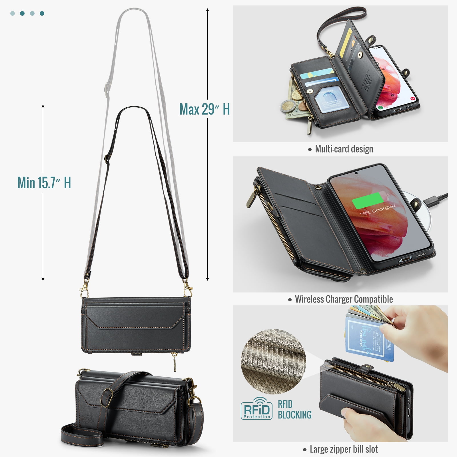 Asuwish Compatible with Samsung Galaxy S21 5G 6.2 inch Zipper Wallet Phone Case Tempered Glass Screen Protector Crossbody Lanyard Strap Flip Card Holder Slot Cell Cover for S 21 21S G5 Women Black