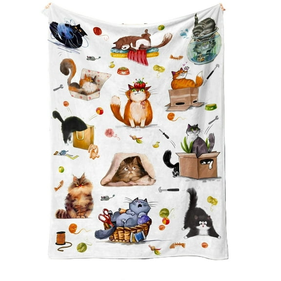 Cat Lover Cozy Throw Blanket with Cute Cat Prints Soft Aesthetic Blanket for Bed Sofa or Couch Warm Winter Decor