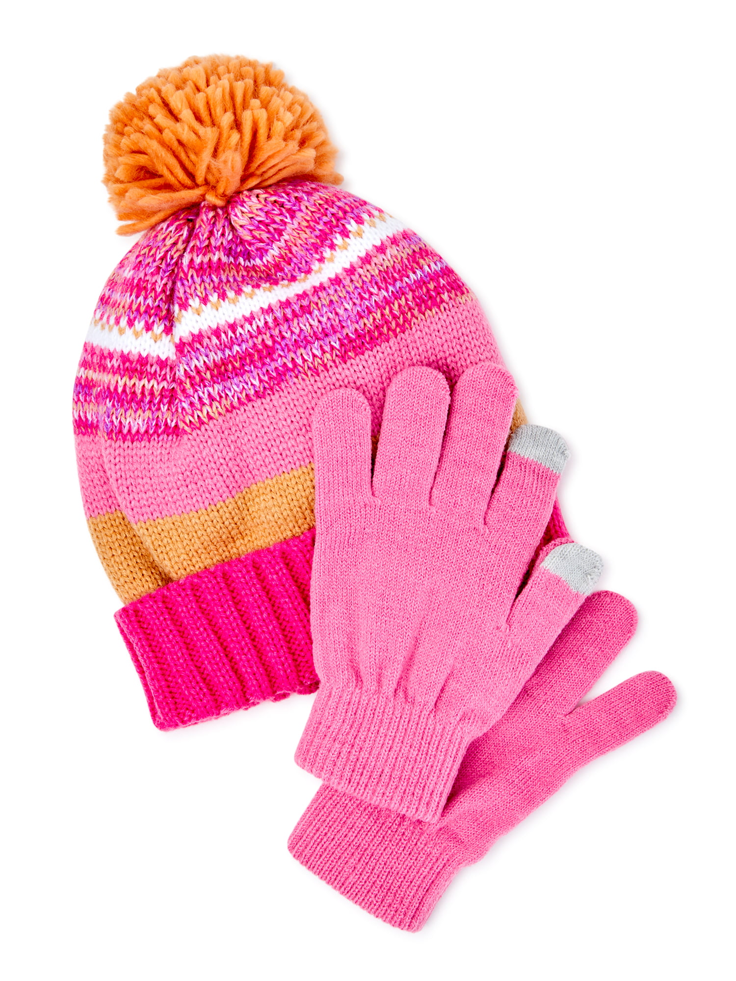 Girls Personality 3 Piece Knit Cuffed Pom Beanie Scarf & Gloves Set 4 Colors
