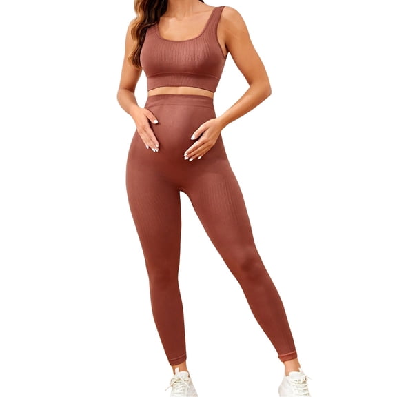 Gyujnb 2 Piece Maternity Yoga Outfit Ribbed Tank Top High Waist Stretch Leggings Seamless Workout Loungewear Set For Pregnant Women,S