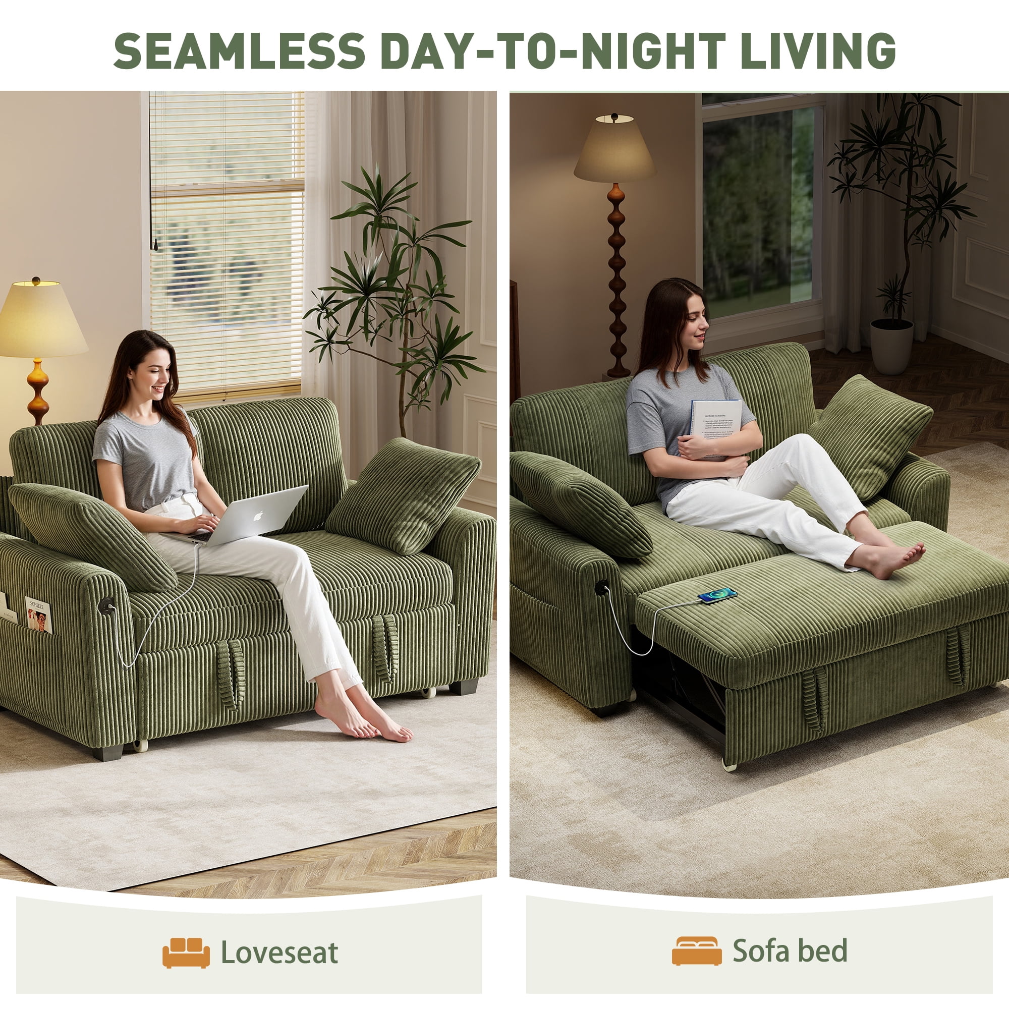 BedLuxury 59" Loveseat With Pull Out Bed, Sleeper Sofa Bed With USB Charging & Side Storage for Small Spaces, Corduroy Green