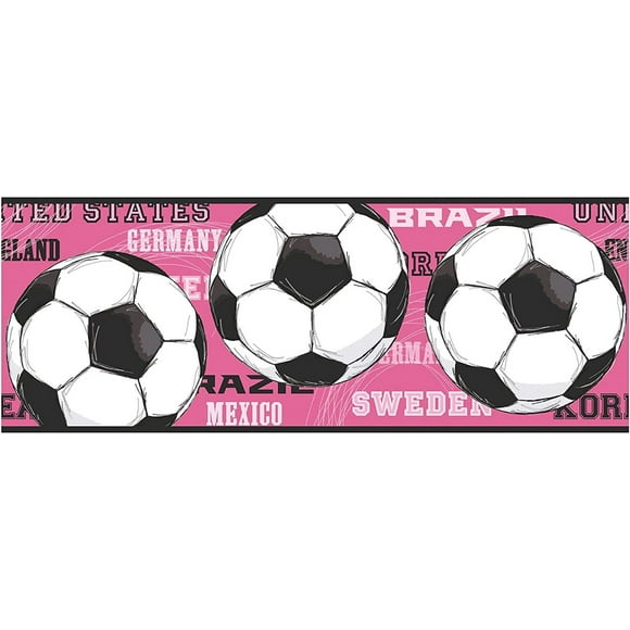Concord Wallcoverings Wallpaper Border Sport Pattern Soccer Football Friends Forever Countries Names for Gym Teen Room Home, Black White Pink, 9 Inches by 15 Feet JE3737BD
