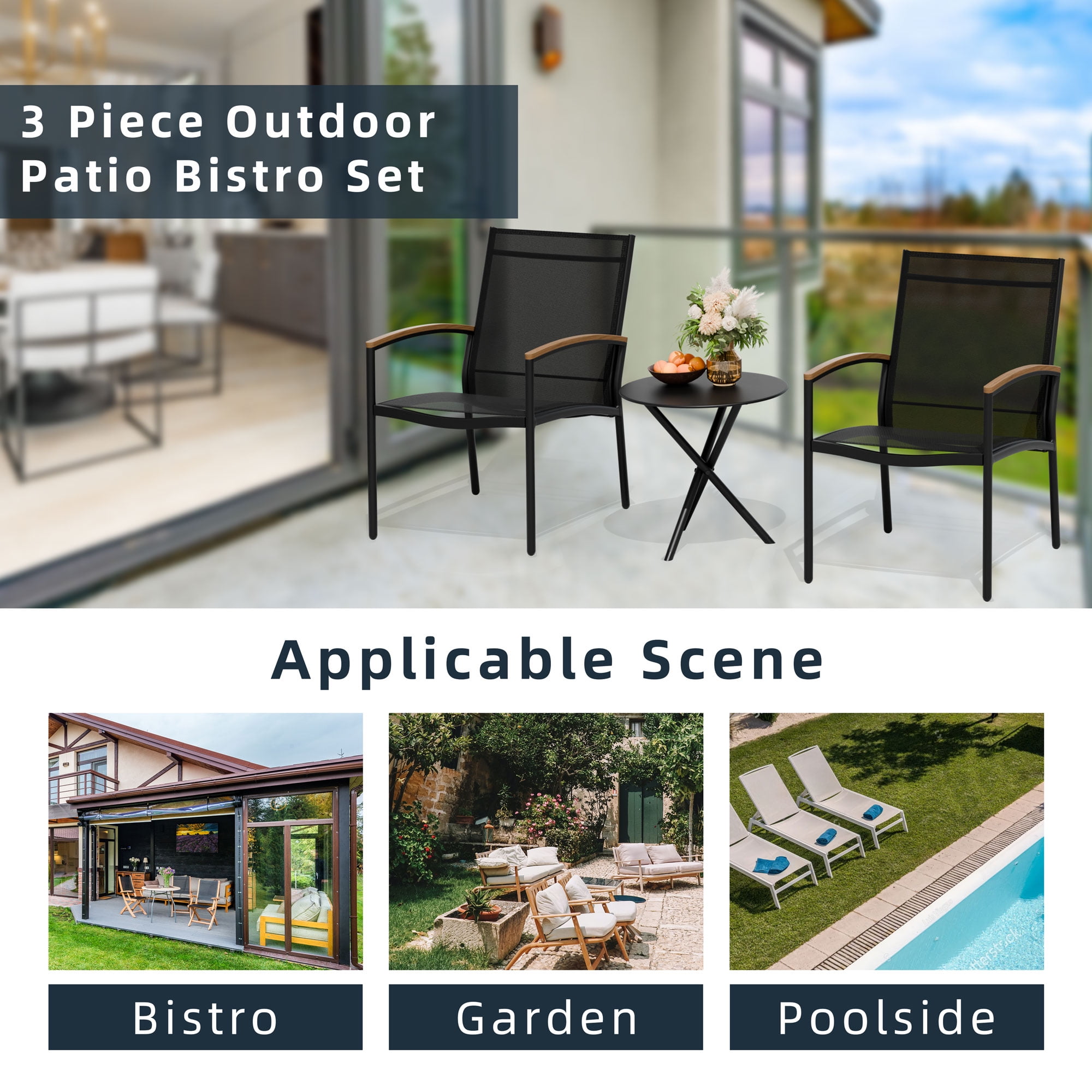 Walsunny Outdoor Patio Bistro Sets 3-Piece Balcony Furniture with 2 Bistro Chairs 1 Outdoor Bistro Table Black