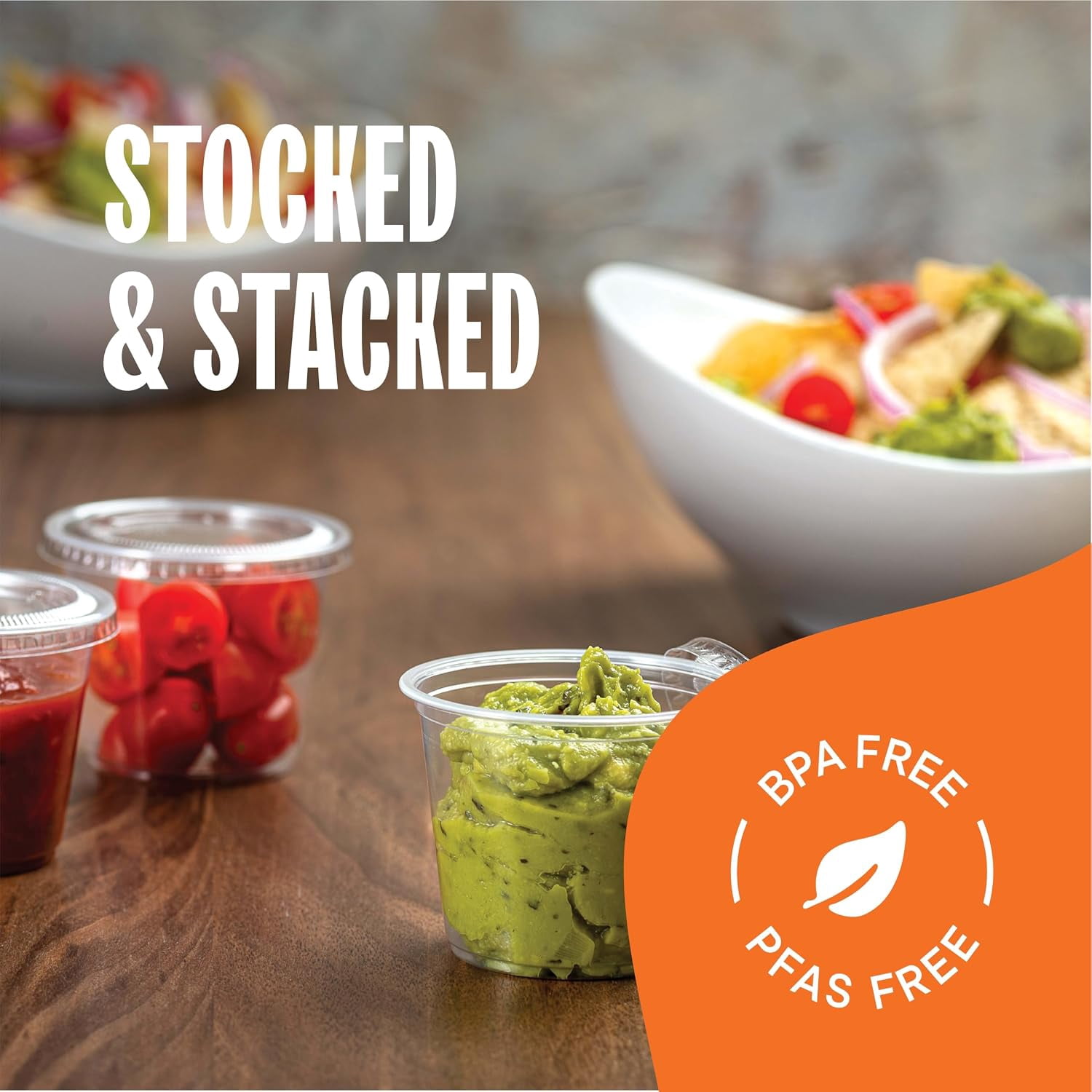 Stack Man [100 Sets - 5.5 oz.] Plastic Clear Portion Cups, Snack Cups, Disposable Containers with Lids 5.5oz. | Jello Shot Cups, Dipping Sauce Cup, Salad Dressing Container,