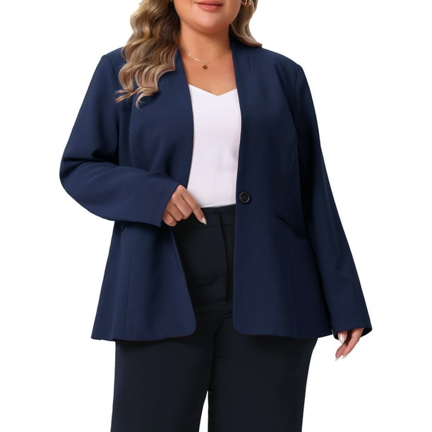 Blazer sin cuello de mujer Agnes Orinda en tallas grandes, con botones, manga larga, casual de negocios, con bolsillos, 2X azul marino