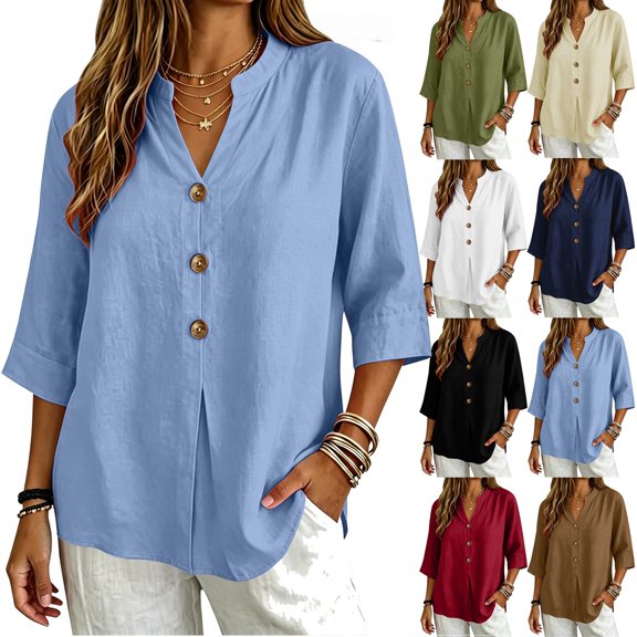 ZDNIXIAN Basic T Shirts for Women Casual Loose Button Down Shirts, Lightweight Solid Color Tunic Tops with Side Pocket for Daily Work Vacation Outfits