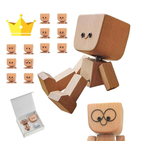 12pcs Wooden Man - Shaking Wooden Man Figurine for Car Dashboard Decorations, Handmade Shaking Wooden Figure That Sways with 12PCS Magnetic Expressions, Shaking Man Ornament for Car