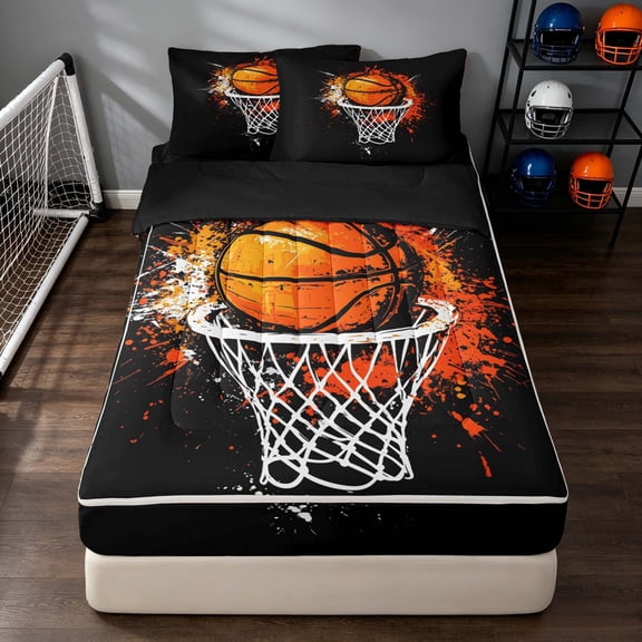 Manfei Basketball Zipper Twin Comforter Sets with Fitted Sheet and 2 Pillowcases, Sports Zipper Bedding Set, Grunge Black Orange