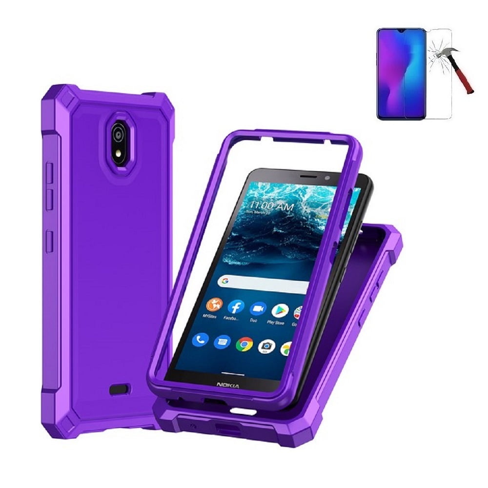 Phone Case for Nokia C100, Full Body Soft TPU Cover Case with Tempered Glass (Purple)
