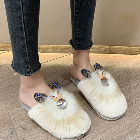 

Cute Slippers Women Autumn And Winter Fashion Rhinestone Rabbit Ears Baotou Half Slippers Women