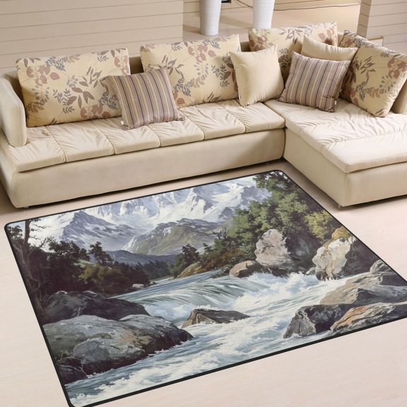 Yayeee Area Rugs for Living Room 6.7'x4.8' Indoor Non Slip Washable Bedroom Carpet, River and Mountains