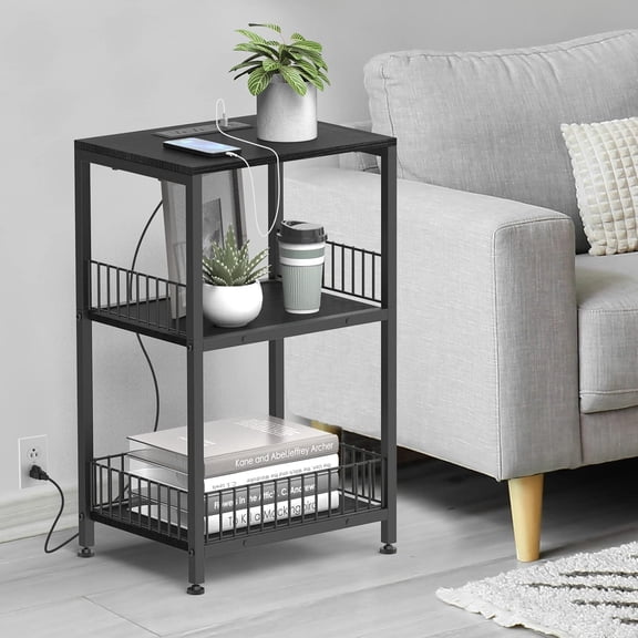 3-Tier End Table with Charging Station – Black Nightstand with Wheels for Living Room, Bedroom, and Small Spaces