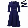 thumbnail image 5 of MORTTIC Women's Elegant Criss Cross V-Neck A-Line Dress with Waist Belt Ruched Hem Office Casual Chic Dark blue S, 5 of 10