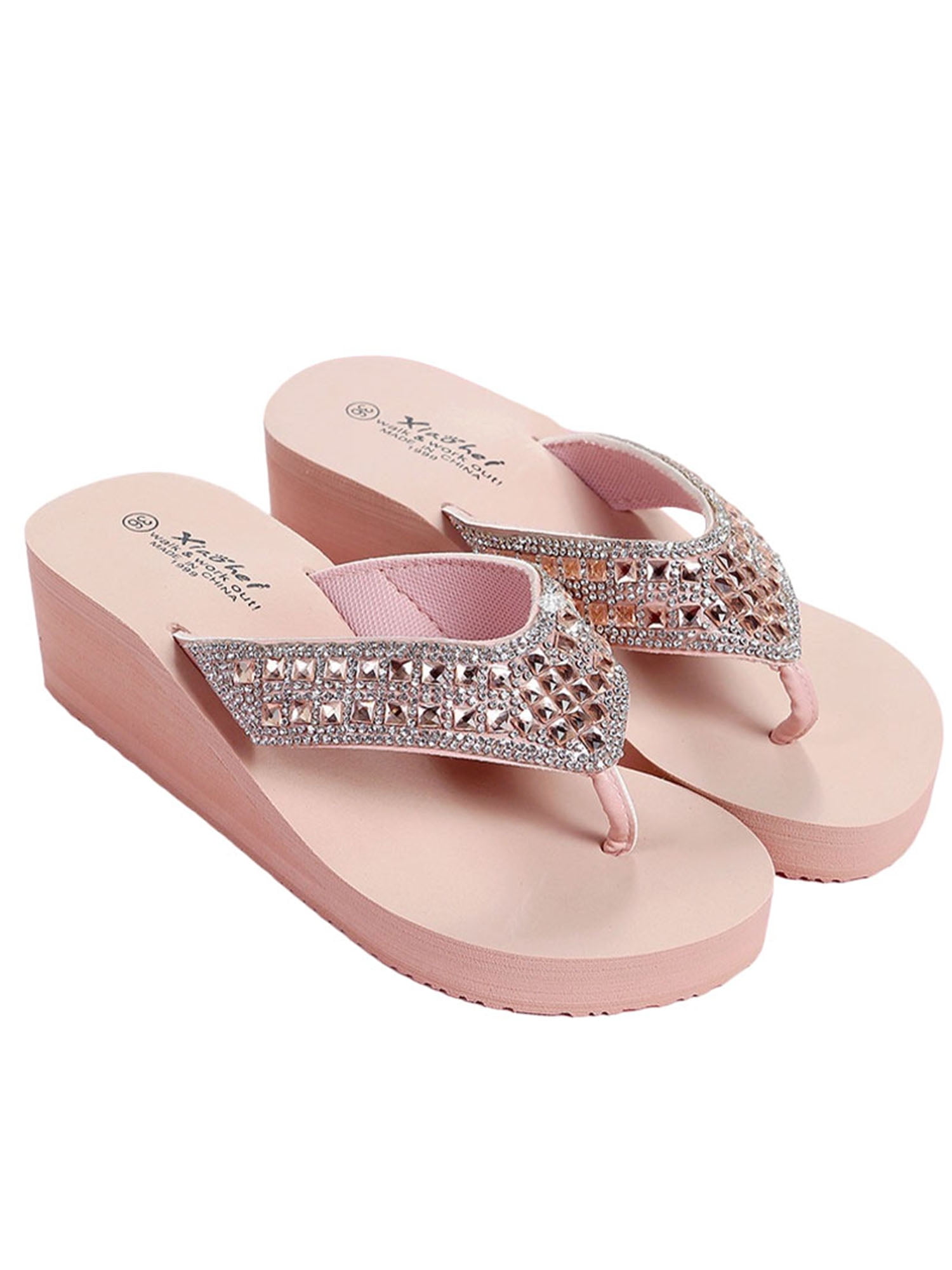 Flip Flops Summer Womens  Platform Wedge High Heels  Rhinestone   Shoes  Sandals 